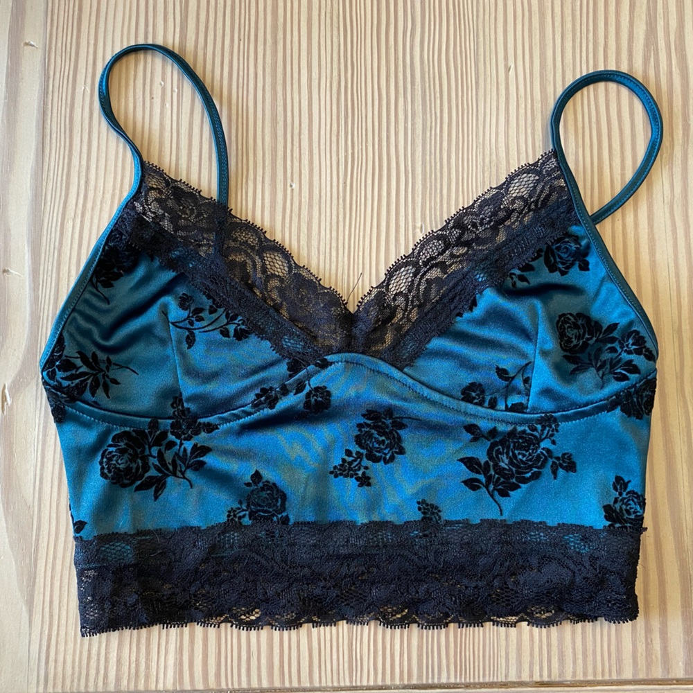 Motel Rocks Black and Teal Floral Lace Bralette